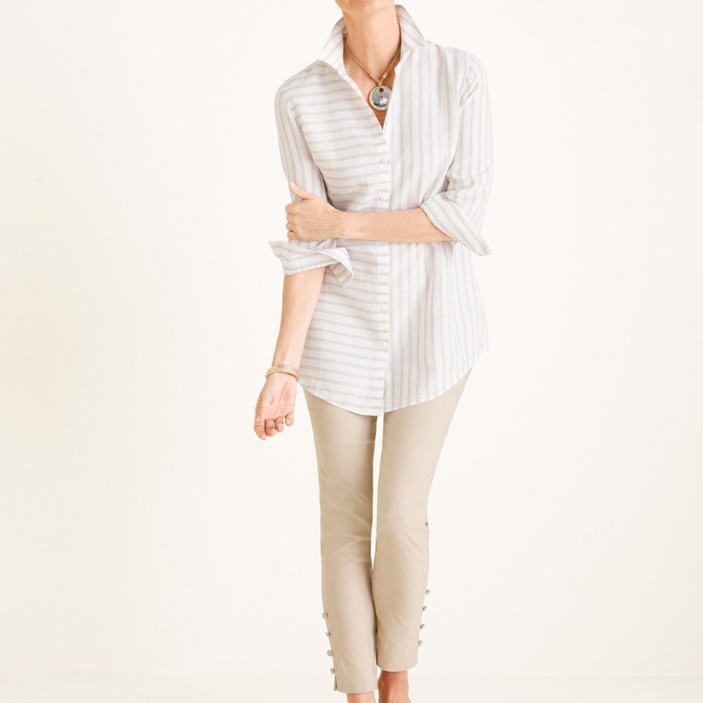 Chico's Size 1.5 White and Taupe Striped Tunic Top